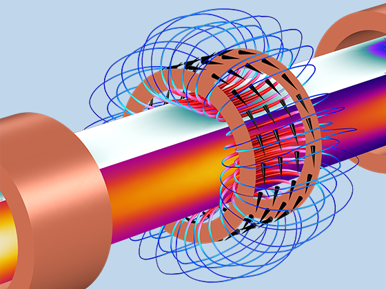 Eine detaillierte Ansicht der Temperatur und der elektromagnetischen Felder eines Stahlblock-Modells.
