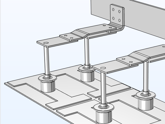 A closeup view of a busbar assembly model showing the geometry.