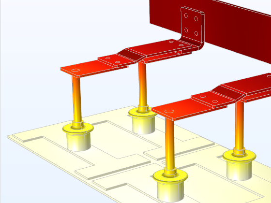 A closeup view of a busbar assembly model showing the temperature.
