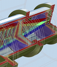 A close-up view of a Petzval lens model showing the rays at three different angles in red, green, and blue.