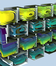 A close-up view of a plate reactor model showing the concentration of the plates and the velocity field of the coils within.