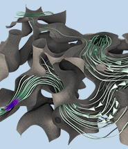 A close-up view of a microscopic pore scale structure with streamlines.