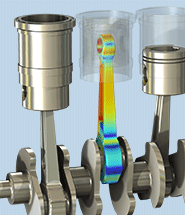 A close-up view of a reciprocating engine model showing the stress of one rod.