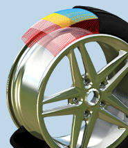 A close-up view of a tire model showing the material and fiber direction.