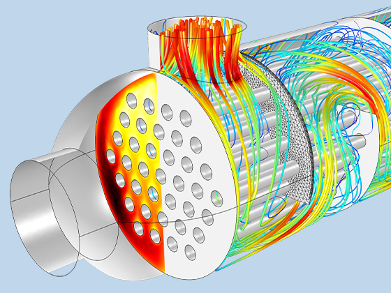 Visualizzazione dettagliata della temperatura e delle linee di flusso attraverso uno scambiatore di calore.