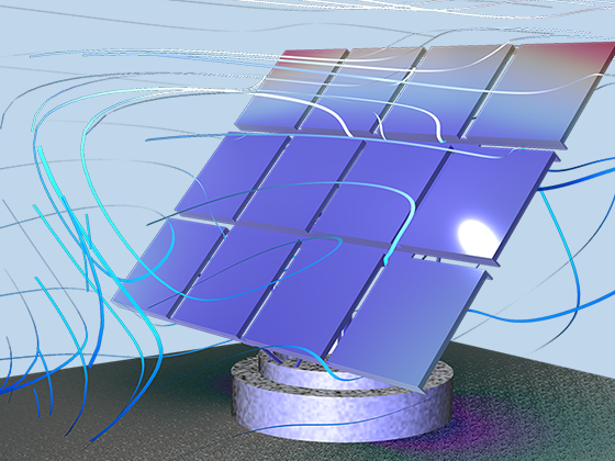 Visualizzazione dettagliata delle linee di flusso del fluido intorno a un pannello solare e della sua deformazione.