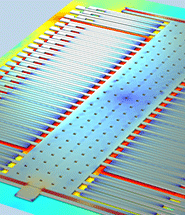 A close-up view of a micromachined accelerometer showing the electric potential.