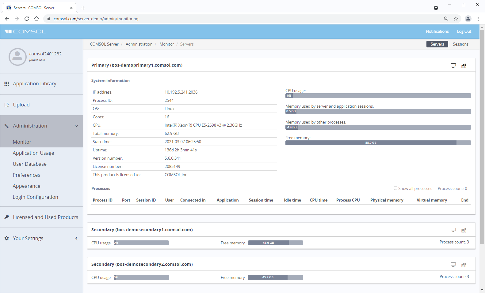 在浏览器中运行的 COMSOL Server，图中显示管理和监控工具。