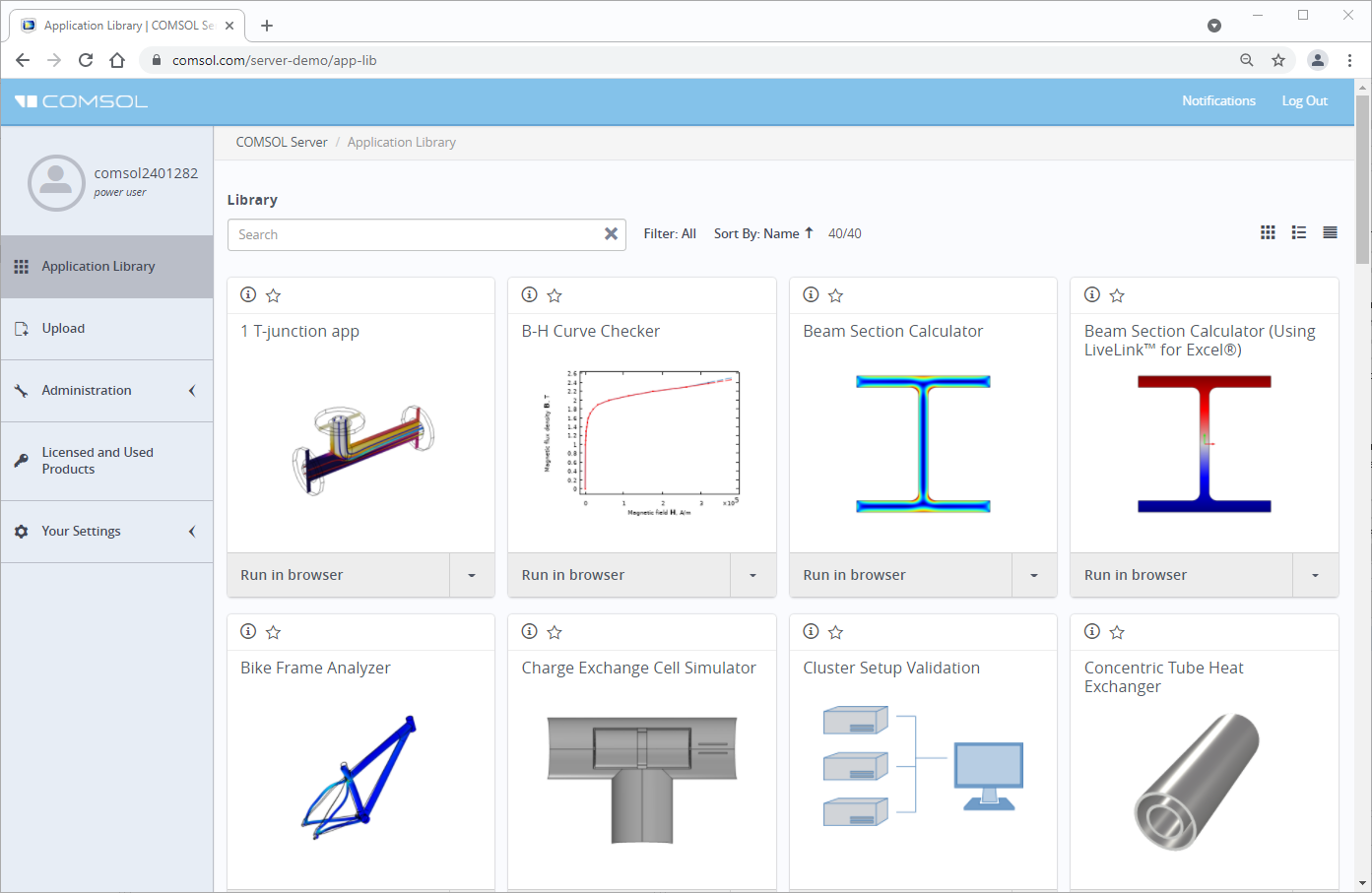The COMSOL Server Application Library shown in a browser.