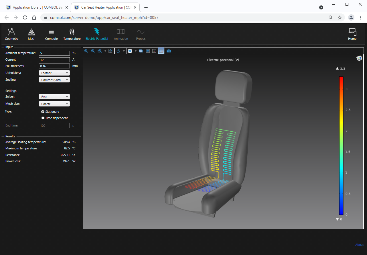 A car seat heater application open in COMSOL Server showing the electric potential of the seat in the Rainbow color table; the user interface is shown in dark mode.