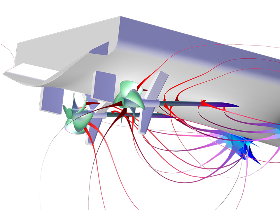 Un modèle de coque de navire montrant la densité de courant avec des lignes de courant rouges.