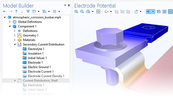 Vista in primo piano del Model Builder con il nodo Current Distribution, Shell evidenziato e un modello di busbar nella finestra Graphics.