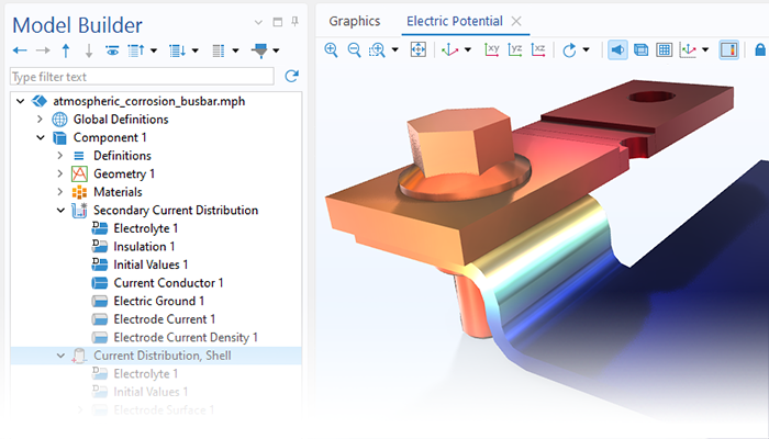 A close-up view of the Model Builder with the Current Distribution, Shell node highlighted and a busbar model in the Graphics window.