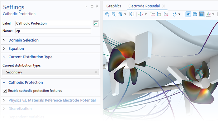 A close-up view of an oil rig model showing the electrode potential distribution.