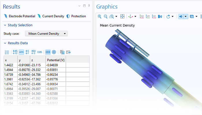 Vista in primo piano di un'app che mostra la finestra Results e un modello di monopalo nella finestra Graphics.