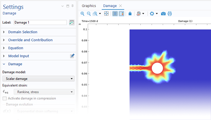 Vista in primo piano delle impostazioni della condizione Damage e di un modello di oxide jacking nella finestra Graphics.
