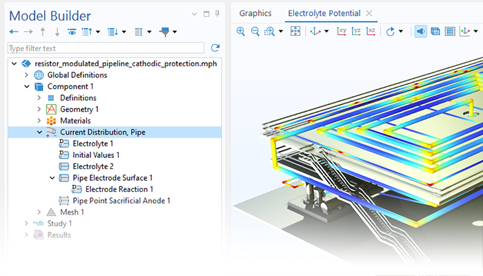Vista in primo piano del Model Builder con il nodo Pipe Electrode Surface evidenziato e un modello di condotta nella finestra Graphics.
