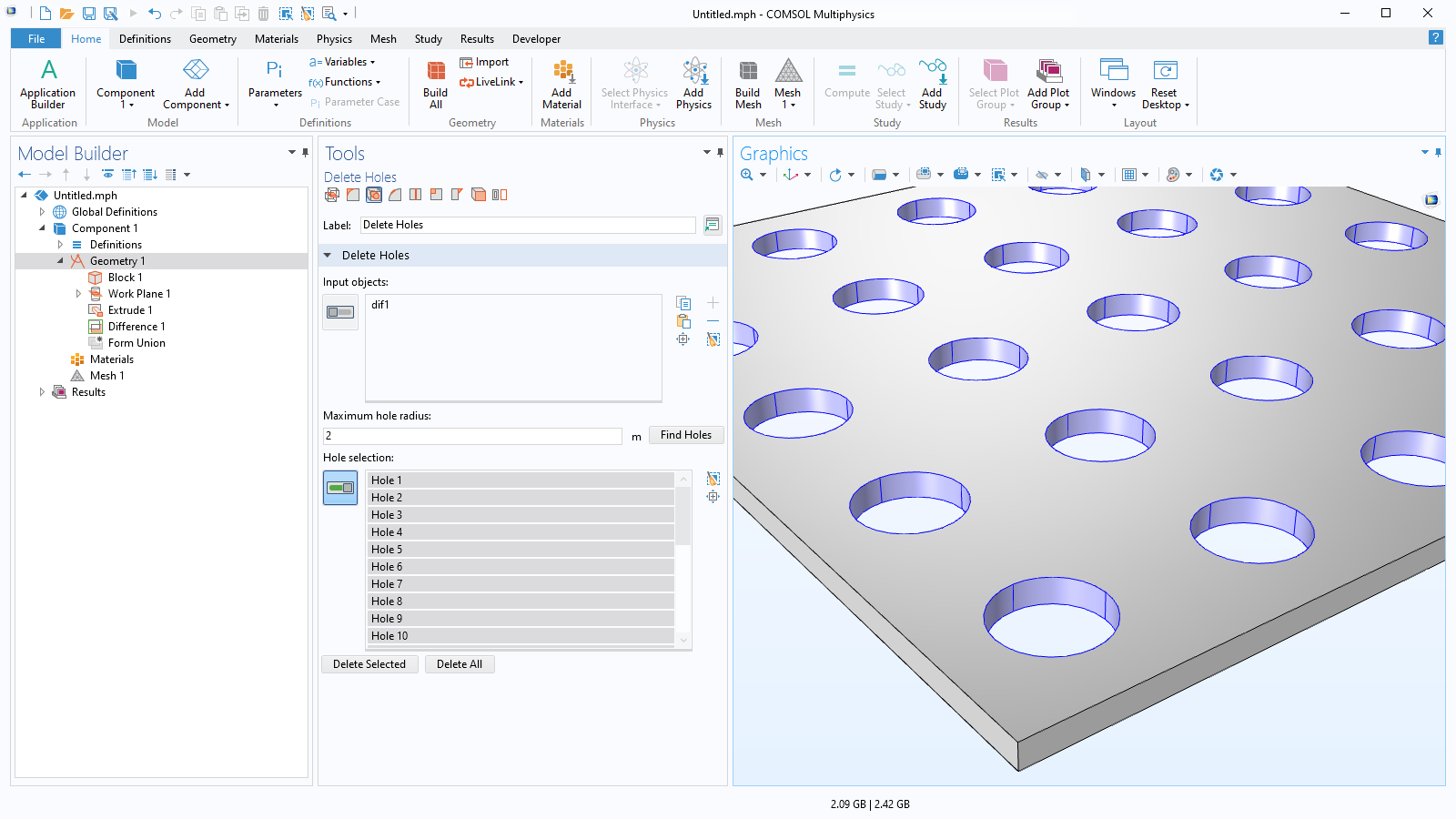 Interfaccia utente di COMSOL Multiphysics che mostra il Model Builder con il nodo Geometry selezionato, le impostazioni dell'operazione Delete Holes e un modello di geometria 3D con 25 fori nella finestra Graphics.