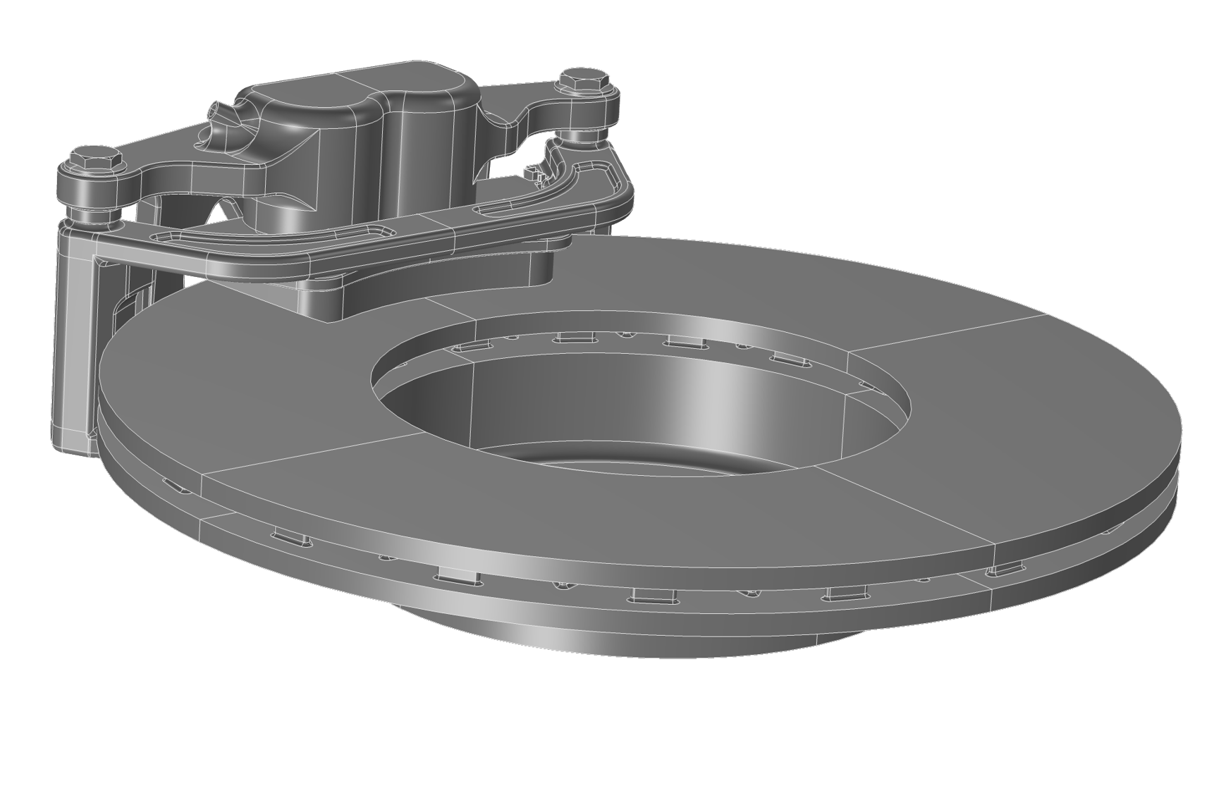 A gray geometry of a car disc brake assembly made up of a ventilated disc and caliper assembly.