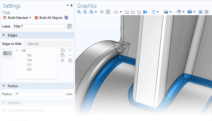 A closeup view of the Fillet operation settings and a bracket model in the Graphics window.