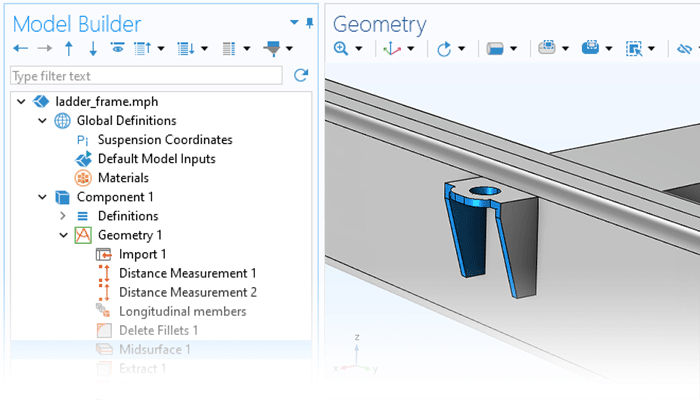 “模型开发器”的特写视图，其中突出显示“抽取中面”节点；“图形”窗口中显示卡车梯架模型。
