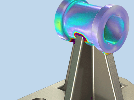 A detailed view of the stress of a shaft bracket model made of steel material.