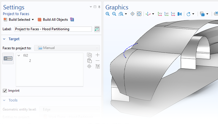 A close-up view of the Project to Faces node Settings window and a sports car model in the Graphics window.