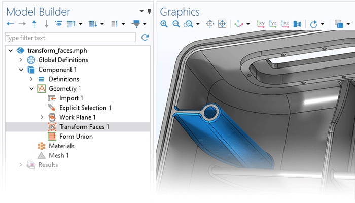 “模型开发器”的特写视图，其中突出显示“变换面”节点；“图形”窗口中显示外壳模型。