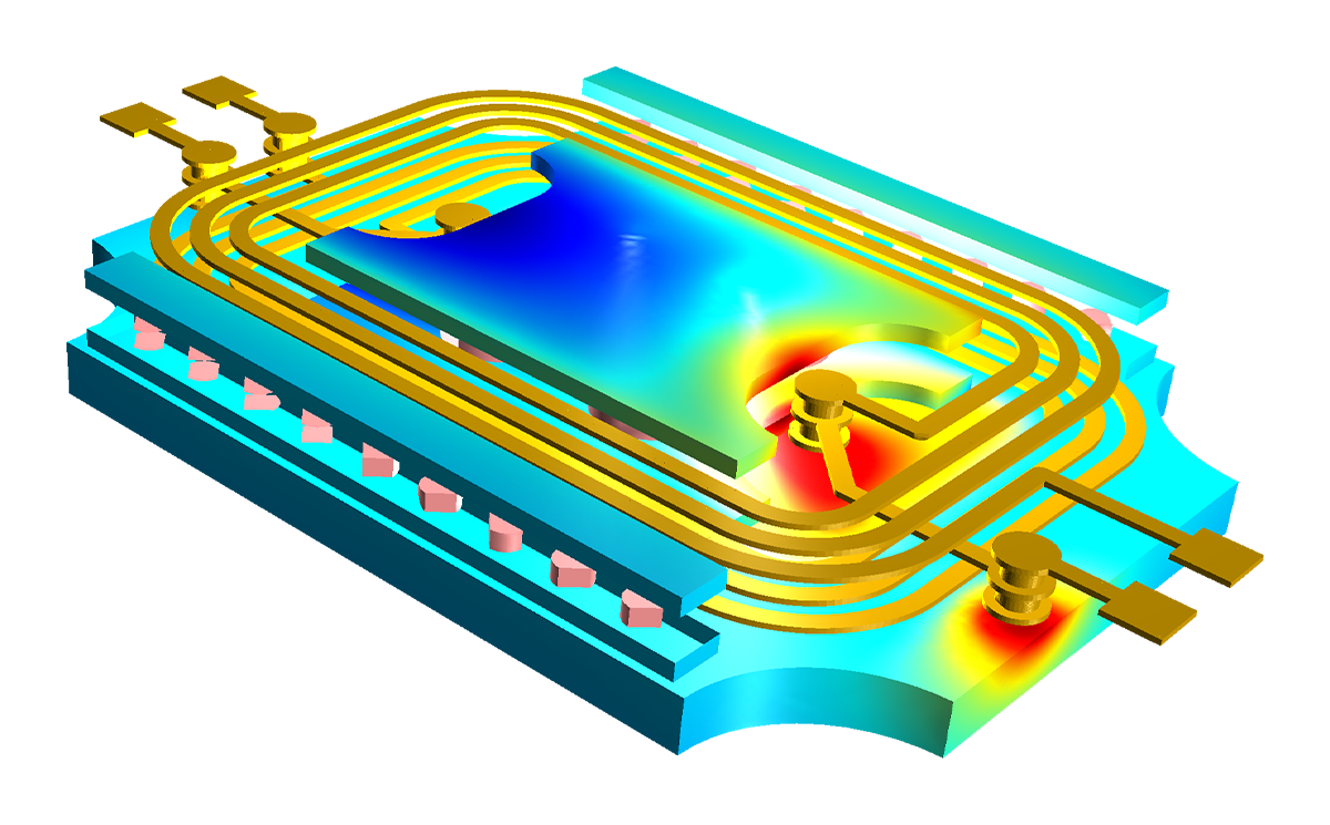 Распределение электрического потенциала в модели плоского преобразователя показано с использованием цветовой палитры Rainbow.