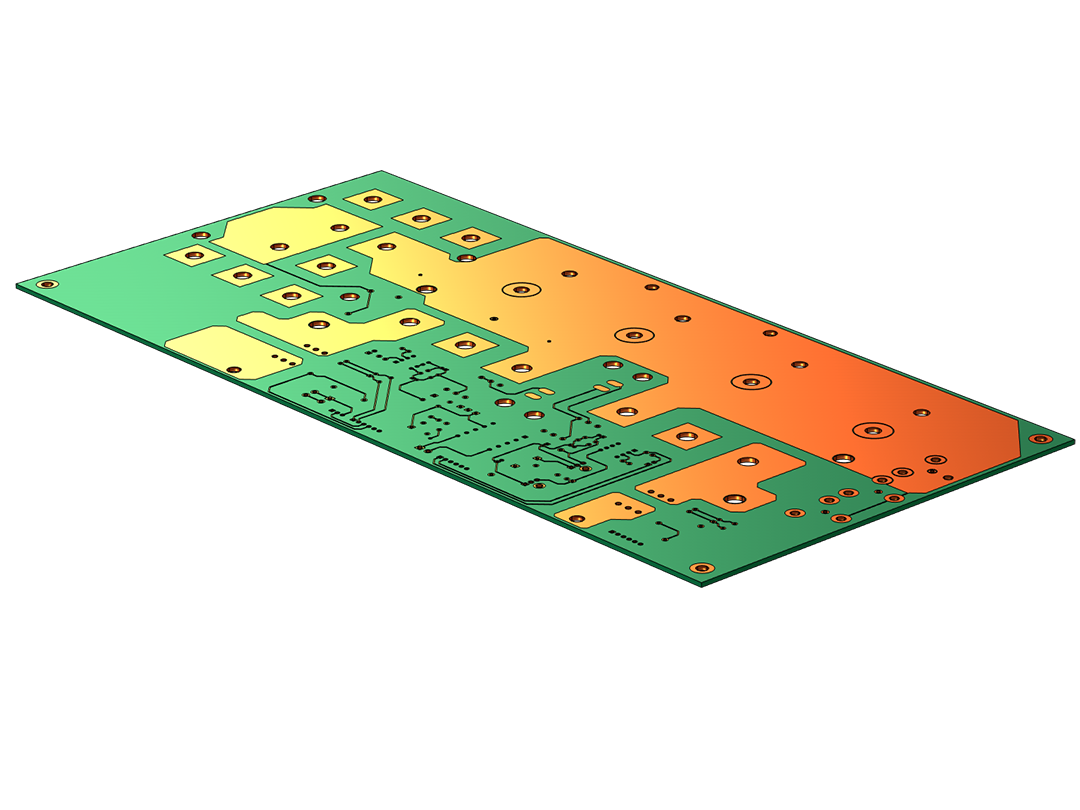 A printed circuit board model shown in orange and green.