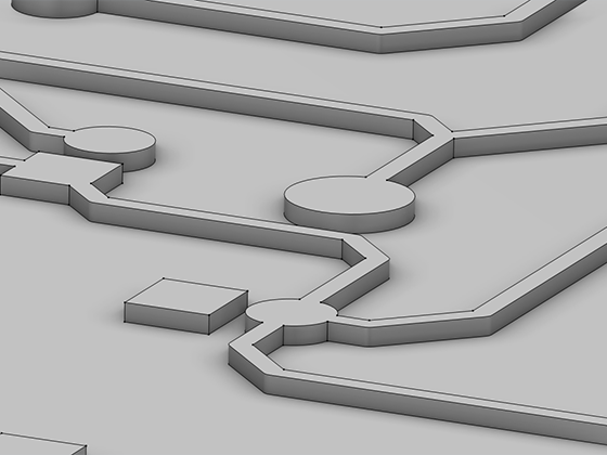 A close-up view of a layout with extruded geometric shapes.
