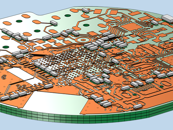 A printed circuit board model shown in orange and green.