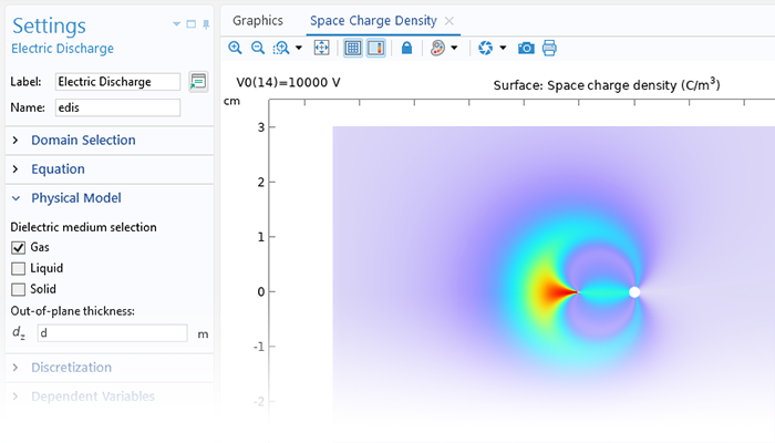 Une vue rapprochée des réglages de Décharge électrique et un graphique 2D dans la fenêtre graphique.