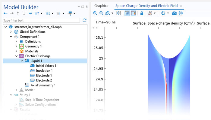 A close-up view of the Model Builder with the Liquid node highlighted and a streamer model in the Graphics window.