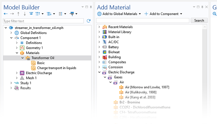 A close-up view of the Model Builder with a material node highlighted and the Add Material window.