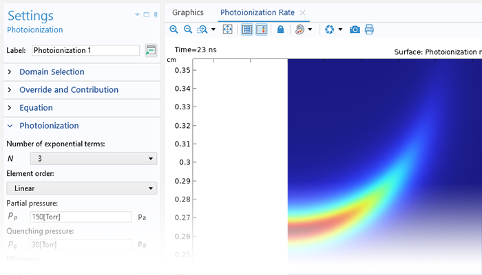 A close-up view of the Photoionization node settings and a streamer model in the Graphics window.