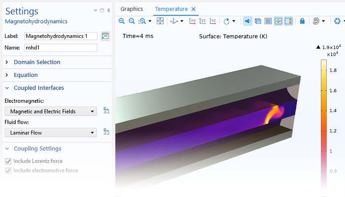 Detailansicht der Einstellungen des Knotens Magnetohydrodynamics und eines 3D-Modells eines transienten Lichtbogens im Grafikfenster.