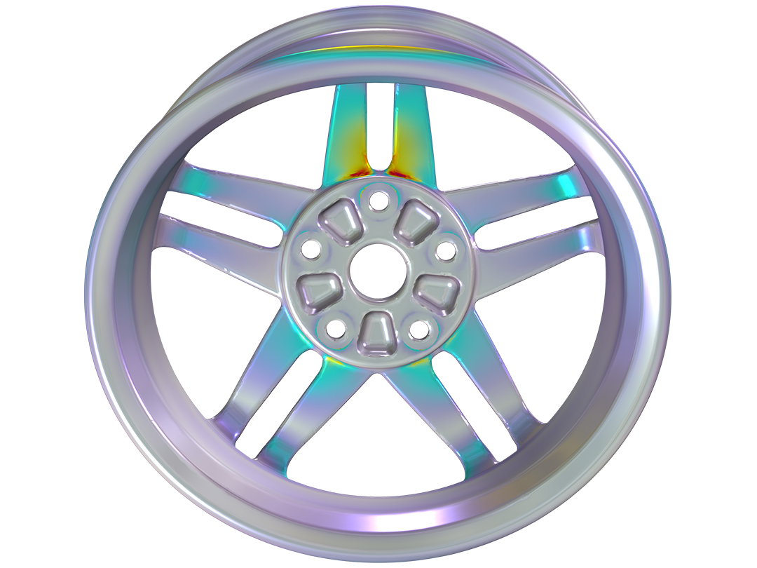 A wheel rim model showing the stress in the Prism color table.