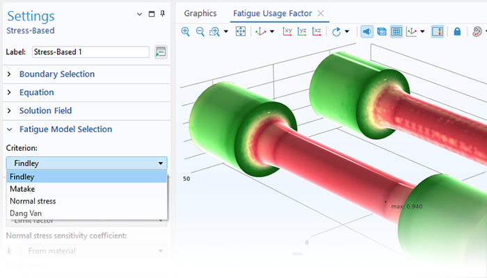 A close-up view of the Stress-Based settings and a cylindrical test model in the Graphics window.
