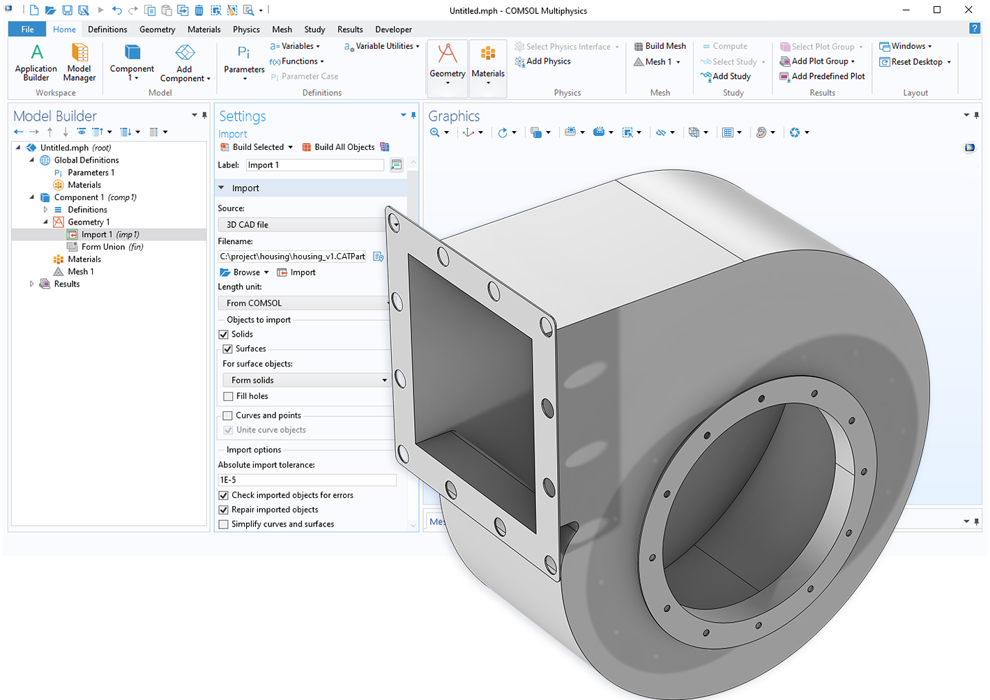 A geometry for an industrial fan design imported from a CATIA V5 file overlaid on a COMSOL Multiphysics UI, showing the settings for the Import node.