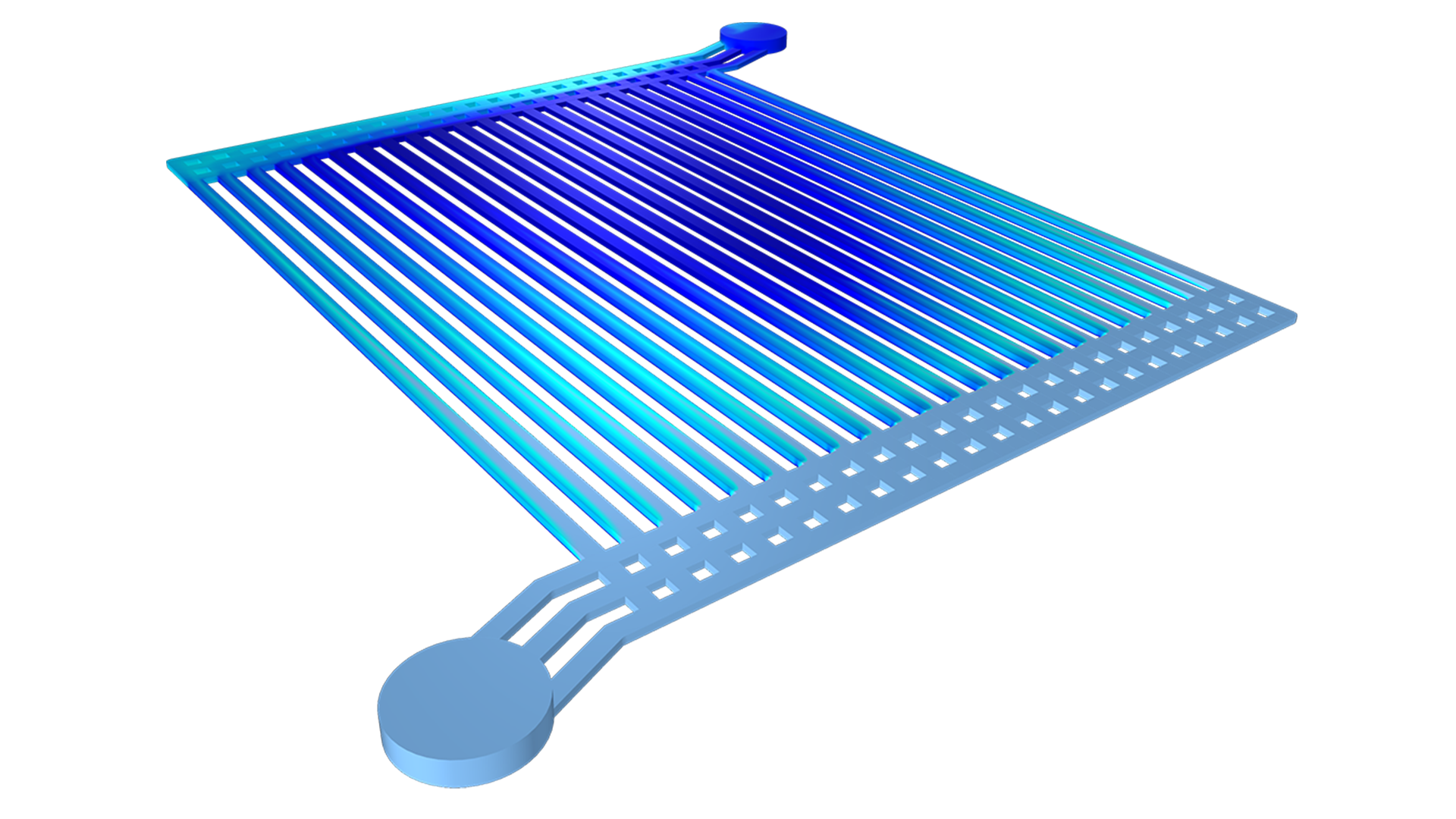 ガスの体積分率が濃い青から水色のカラーグラデーションで視覚化された水電解槽モデル.