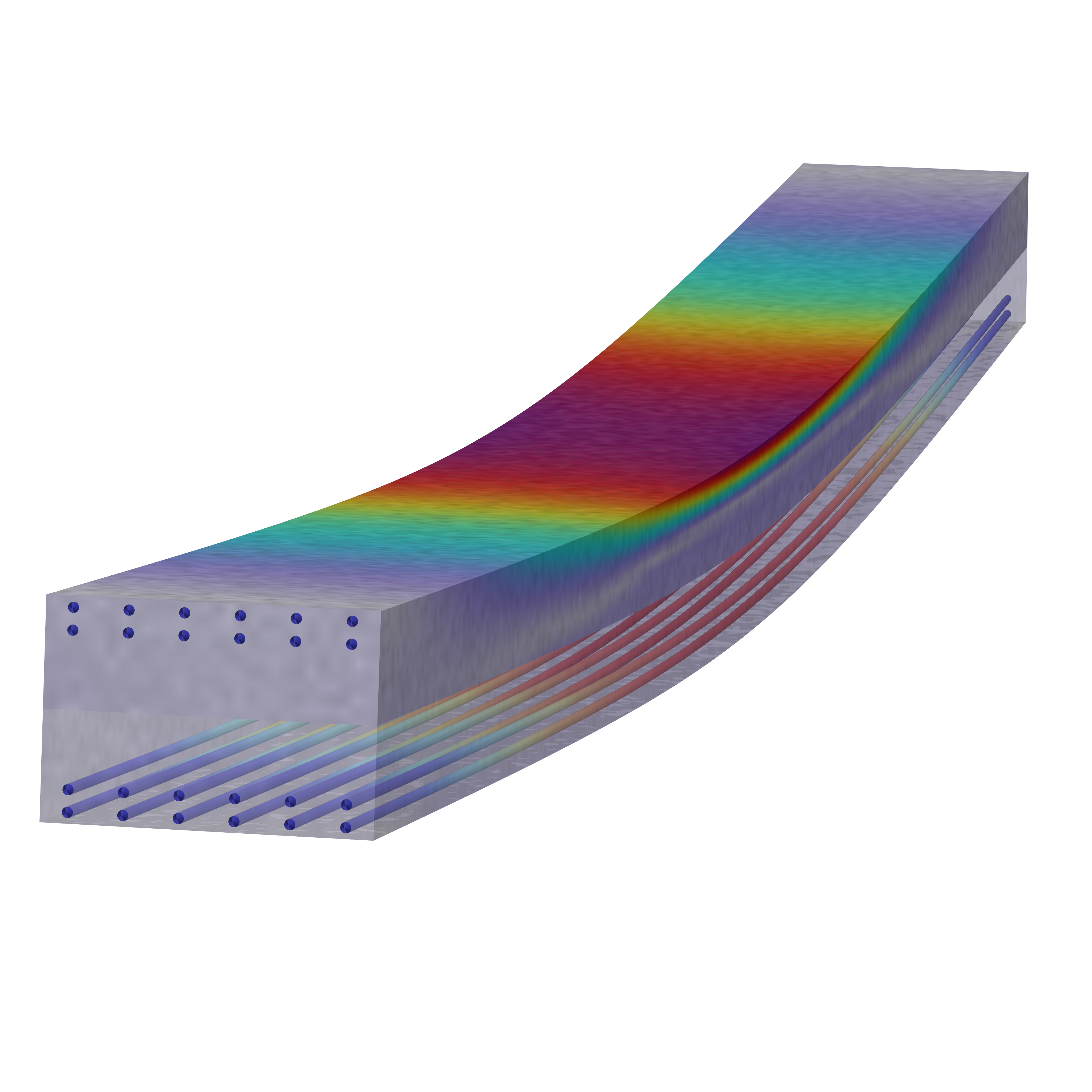 Modell eines rechteckigen Betonbalkens, das die Spannung der oben und unten angeordneten Bewehrungsstäbe regenbogenfarben zeigt