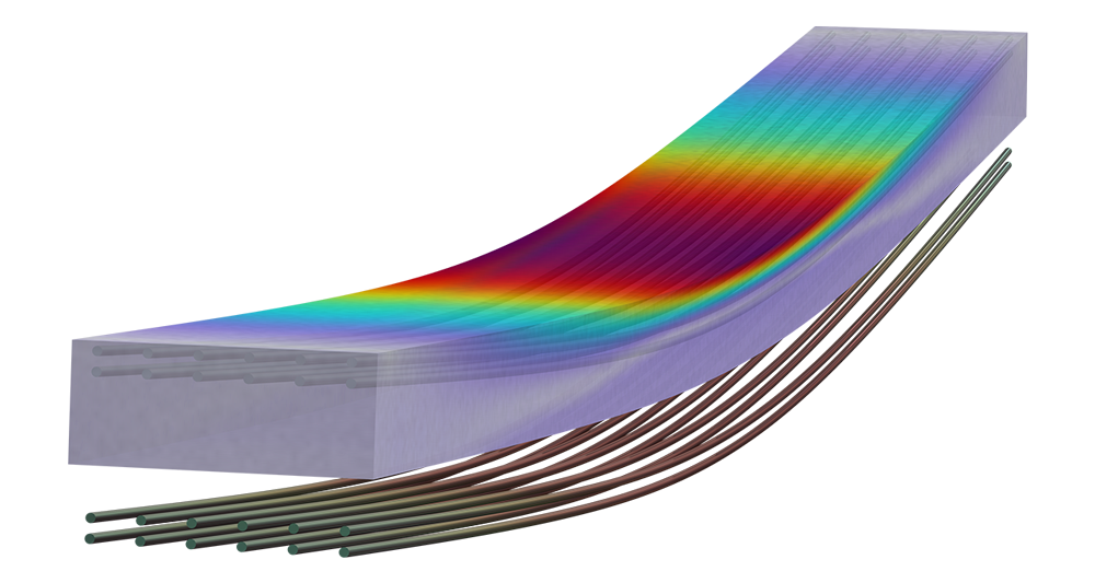 矩形混凝土梁模型，以彩虹色显示顶部和底部的钢筋应力。