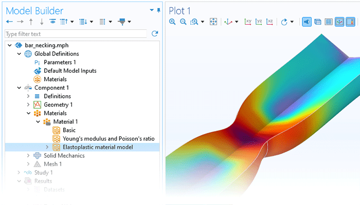 Visualizzazione in primo piano del Model Builder con il nodo Elastoplastic Material Model selezionato e un modello di strizione in una barra nella finestra Graphics.