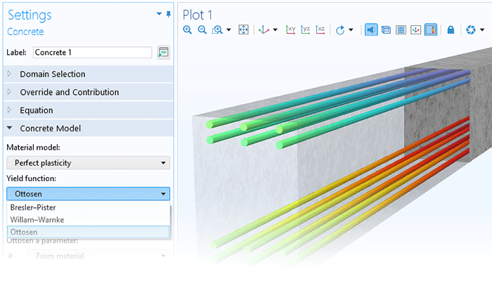 Visualizzazione in primo piano delle impostazioni Concrete e un modello di trave nella finestra Graphics.