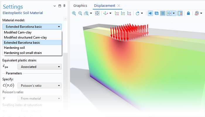A close-up view of the Elastoplastic Soil Material settings and shallow foundation model in the Graphics window.