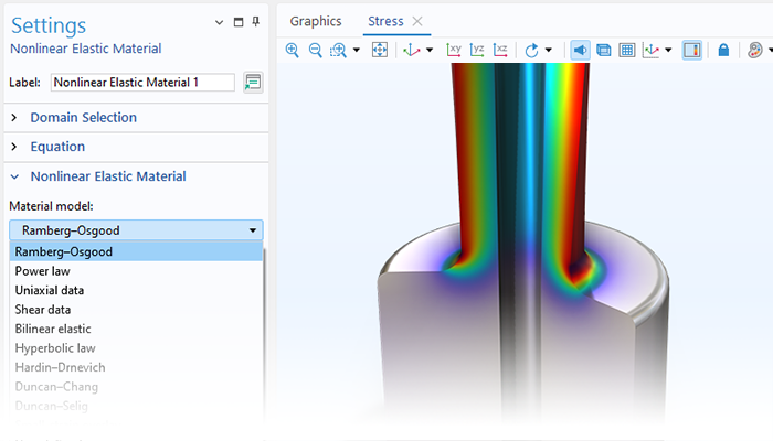 A close-up view of the Nonlinear Elastic Material settings and a hollow shaft model in the Graphics window.