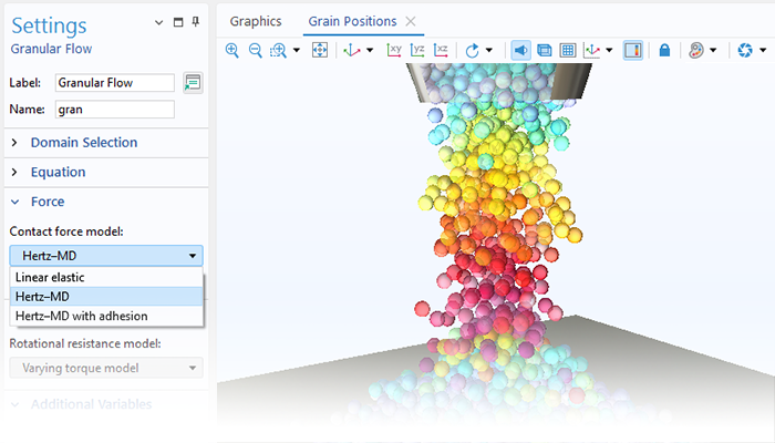 Eine Detailansicht der Einstellungen für Granular Flow und ein Reibungswinkelmodell im Grafikfenster.