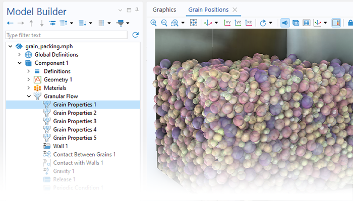 Detailansicht des Model Builder mit hervorgehobenem Knoten Grain Properties und einem Kornpackungsmodell im Grafikfenster.