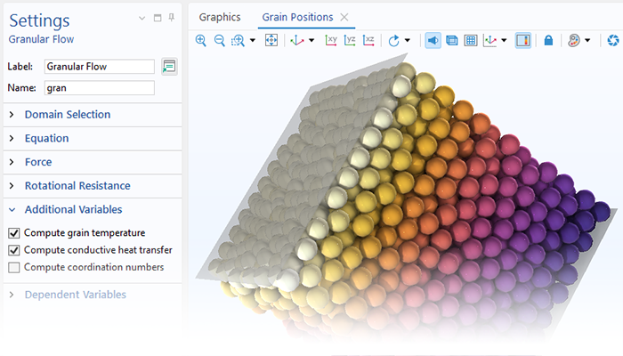 Eine Detailansicht der Einstellungen für Granular Flow und eines Wärmetransport-Modells im Grafikfenster.